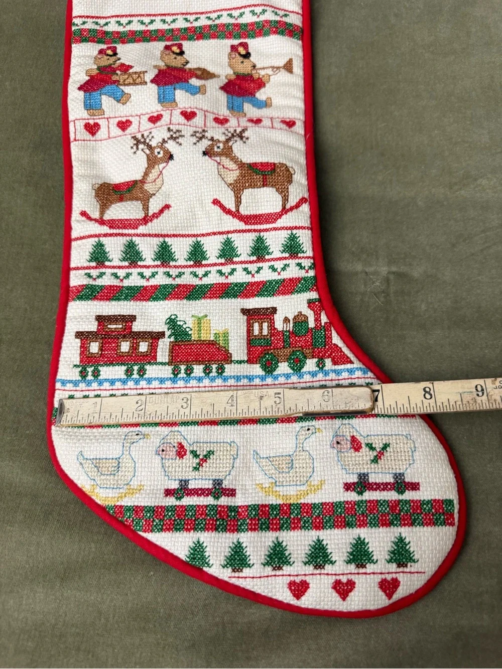 Vintage Cross Stitch Christmas Stocking Handmade 17in Toy Train Bear #OSXMAS